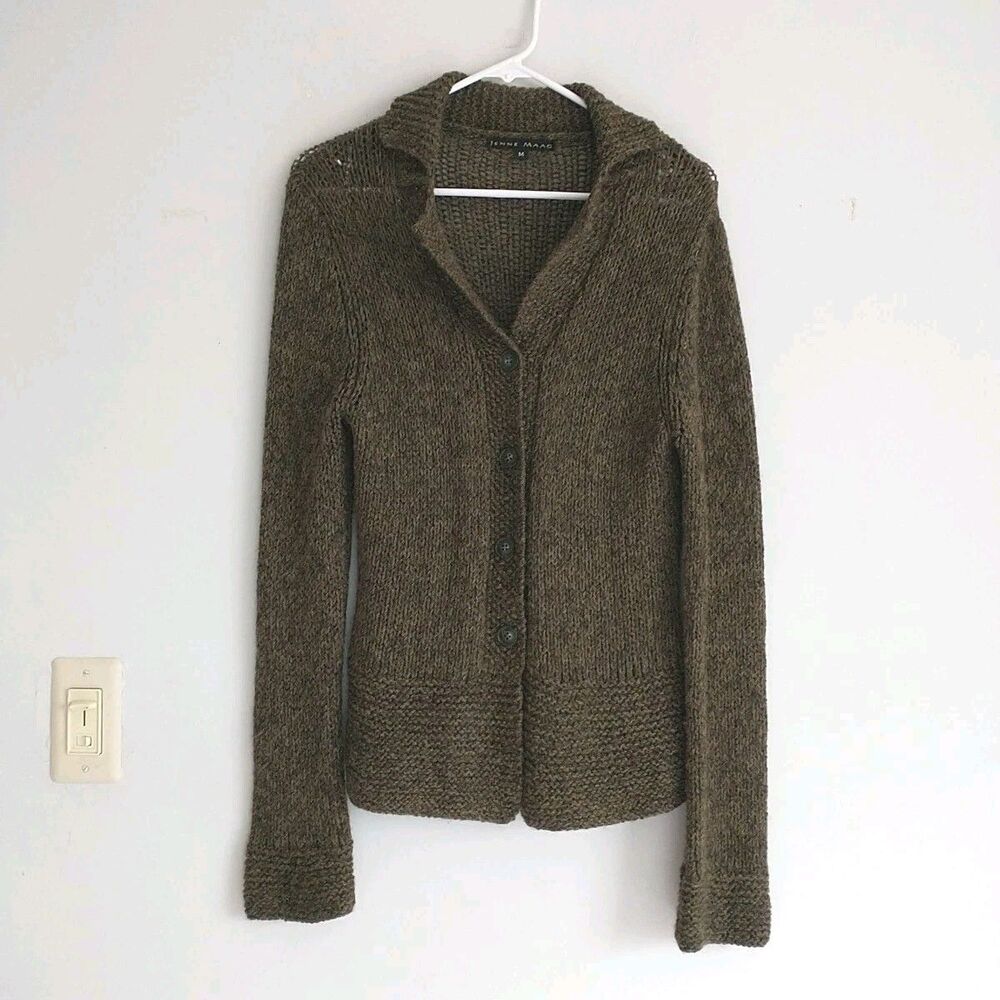 Jenne Maag Sweater Blazer Womens M/S*Brown Green Wool Alpaca Collar Cardigan